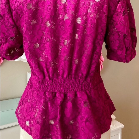 Free People Magenta Floral Lace V-Neck Puff Sleeve Peplum Button-Up Top Small - - Picture 4 of 5